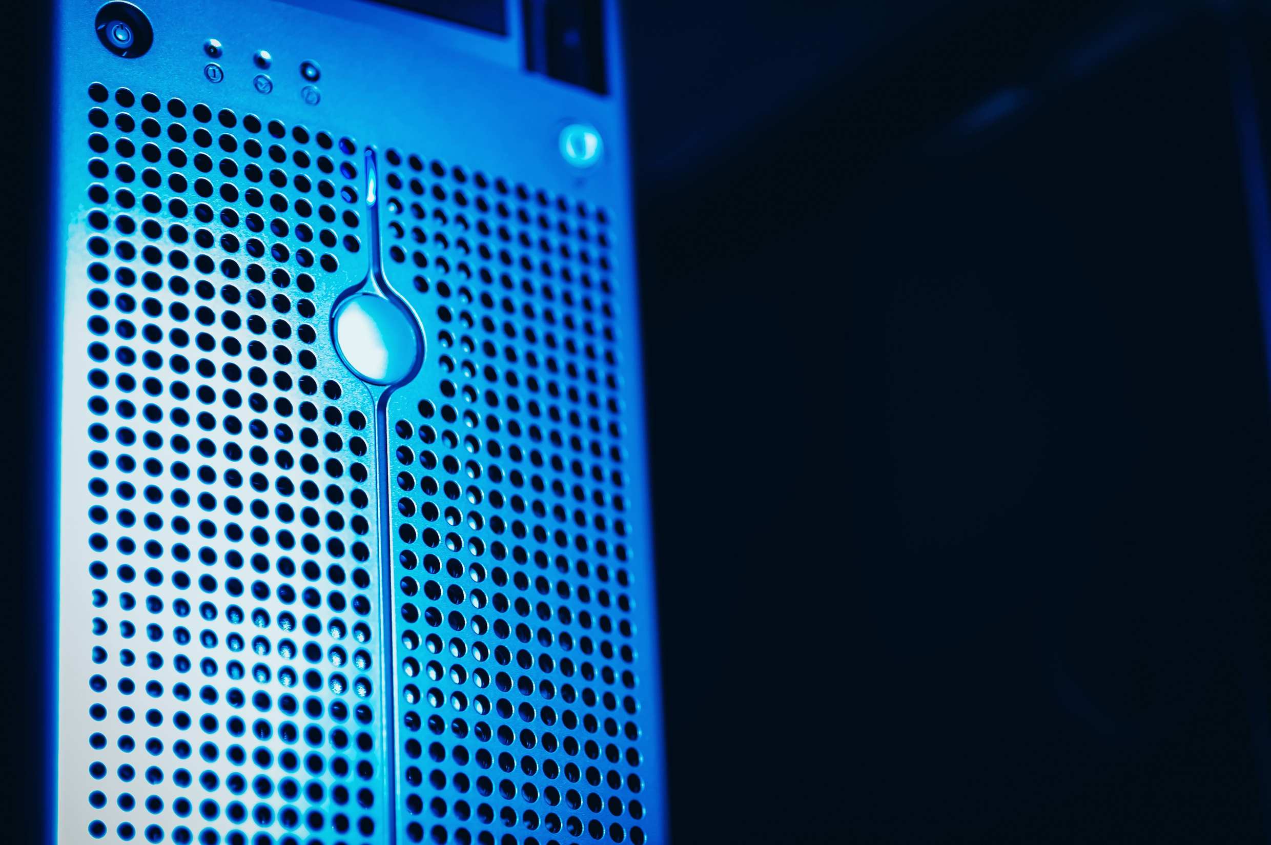 Server rack with network cabling in a data environment, modern server rack with blue lighting